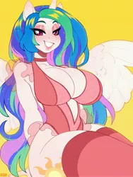 Size: 3000x4000 | Tagged: suggestive, artist:littlesheep, derpibooru import, princess celestia, alicorn, anthro, pony, belly button, big breasts, breasts, cleavage, clothes, female, image, jpeg, lingerie, looking at you, sexy, socks, solo, solo female, stockings, thigh highs