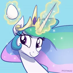 Size: 2048x2048 | Tagged: safe, artist:pfeffaroo, derpibooru import, princess celestia, alicorn, pony, blue background, bust, crown, egg, female, glow, glowing horn, high res, horn, image, jewelry, jpeg, magic, mare, portrait, regalia, signature, simple background, smiling, solo, telekinesis