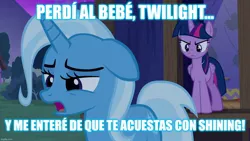 Size: 1280x720 | Tagged: suggestive, derpibooru import, edit, edited screencap, screencap, trixie, twilight sparkle, twilight sparkle (alicorn), alicorn, pony, unicorn, no second prances, season 6, caption, duo, duo female, female, floppy ears, folded wings, frown, horn, image, image macro, imgflip, implied death, implied incest, implied infidelity, implied shining armor, implied shiningsparkle, implied shipping, implied straight, jpeg, lesbian, mare, meme, narrowed eyes, night, open mouth, outdoors, shipping, spanish, standing, text, twixie, wings