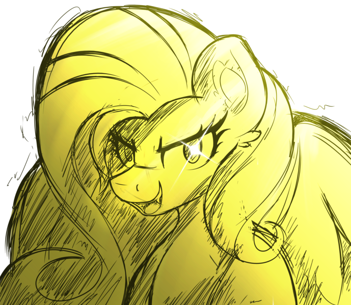 Size: 4000x3484 | Tagged: safe, artist:czu, derpibooru import, fluttershy, pegasus, pony, bust, fangs, image, monochrome, open mouth, open smile, png, sketch, smiling, solo, sparkly eyes, wingding eyes