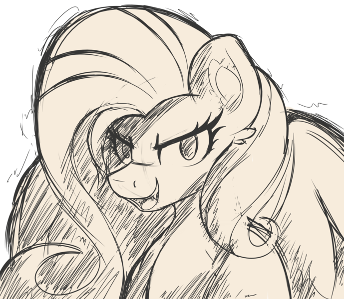 Size: 4000x3484 | Tagged: safe, alternate version, artist:czu, derpibooru import, fluttershy, pegasus, pony, bust, fangs, image, monochrome, open mouth, open smile, png, sketch, smiling, solo