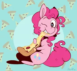 Size: 1701x1585 | Tagged: safe, artist:urbanqhoul, derpibooru import, pinkie pie, earth pony, pony, cute, diapinkes, eating, female, food, heart eyes, image, jpeg, mare, meat, one eye closed, pepperoni, pepperoni pizza, pizza, simple background, solo, wingding eyes