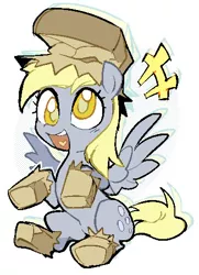 Size: 360x496 | Tagged: safe, artist:tikovka_pumpkin, derpibooru import, derpy hooves, pegasus, pony, luna eclipsed, clothes, colored pupils, costume, cute, derpabetes, female, image, jpeg, mare, nightmare night costume, open mouth, paper bag, paper bag wizard, simple background, sitting, solo, white background