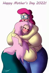 Size: 2758x4096 | Tagged: suggestive, artist:ringteam, derpibooru import, fluttershy, posey shy, human, big breasts, breasts, busty fluttershy, busty posey shy, duo, duo female, eyes closed, female, females only, hug, huge breasts, humanized, image, impossibly large breasts, jpeg, mother's day, simple background, white background