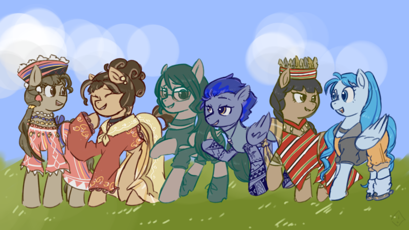 Size: 1920x1080 | Tagged: safe, artist:metaruscarlet, derpibooru import, oc, oc:ligaya, oc:malie pawwai/riptide, oc:maria reyes, oc:reyna, oc:shaiana morris/aqua marine, oc:silent shot, ponified, unofficial characters only, earth pony, original species, pegasus, pony, shark, shark pony, boots, choker, clothes, cloud, converse, crown, cute, dress, ear piercing, earring, eyebrow piercing, eyes closed, feather, female, field, filipino, grass, grin, headdress, hoodie, image, jacket, jewelry, looking at each other, looking at someone, mare, necklace, open mouth, philippines, piercing, png, ponified oc, raised hoof, regalia, shirt, shoes, shorts, skirt, sky, smiling, socks, sunglasses, superhero, tanktop, tattoo, tooth