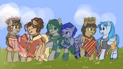 Size: 1920x1080 | Tagged: safe, artist:metaruscarlet, derpibooru import, oc, oc:ligaya, oc:malie pawwai/riptide, oc:maria reyes, oc:reyna, oc:shaiana morris/aqua marine, oc:silent shot, ponified, unofficial characters only, earth pony, original species, pegasus, pony, shark, shark pony, boots, choker, clothes, cloud, converse, crown, cute, dress, ear piercing, earring, eyebrow piercing, eyes closed, feather, female, field, filipino, grass, grin, headdress, hoodie, image, jacket, jewelry, looking at each other, looking at someone, mare, necklace, open mouth, philippines, piercing, png, ponified oc, raised hoof, regalia, shirt, shoes, shorts, skirt, sky, smiling, socks, sunglasses, superhero, tanktop, tattoo, tooth