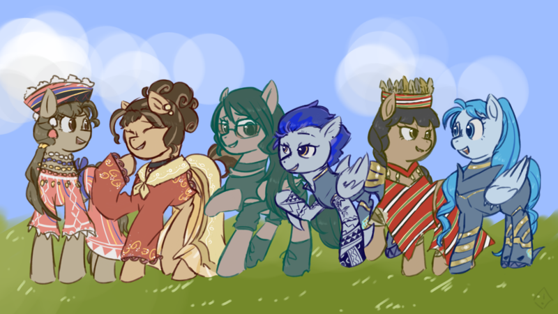 Size: 1920x1080 | Tagged: safe, alternate version, artist:metaruscarlet, derpibooru import, oc, oc:ligaya, oc:malie pawwai/riptide, oc:maria reyes, oc:reyna (filipino), oc:shaiana morris/aqua marine, oc:silent shot, ponified, unofficial characters only, earth pony, original species, pegasus, pony, shark, shark pony, armor, boots, choker, clothes, cloud, crown, cute, dress, ear piercing, earring, eyebrow piercing, eyes closed, feather, female, field, filipino, fins, grass, grin, headdress, image, jacket, jewelry, looking at each other, looking at someone, mare, necklace, open mouth, philippines, piercing, png, ponified oc, raised hoof, regalia, shirt, shoes, shorts, skirt, sky, smiling, sunglasses, superhero, tanktop, tattoo