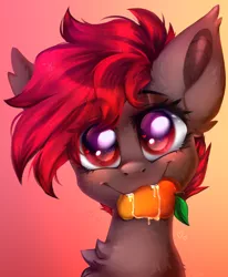 Size: 2210x2687 | Tagged: safe, artist:pozya, artist:pozya1007, derpibooru import, oc, oc:hardy, unofficial characters only, bat pony, bust, commission, cute, female, food, herbivore, image, mango, my little pony, png, portrait, race swap, rule 63, solo