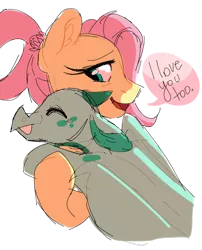 Size: 1280x1587 | Tagged: safe, artist:moonert, derpibooru import, fluttershy, oc, oc:malachite, dragon, pegasus, pony, adopted offspring, dragoness, female, fluttermom, hug, image, mother and child, mother and daughter, older, older fluttershy, png, simple background, speech bubble, transparent background