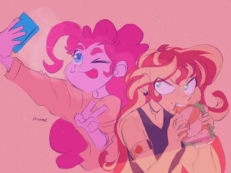 Size: 2048x1536 | Tagged: safe, artist:dreamz, derpibooru import, pinkie pie, sunset shimmer, equestria girls, :p, alternate hairstyle, choker, clothes, duo, ear piercing, earring, eating, female, food, image, jewelry, jpeg, lesbian, mobile phone, one eye closed, peace sign, phone, piercing, pink background, sandwich, selfie, shipping, shirt, simple background, smartphone, sunsetpie, tanktop, tongue out, wink