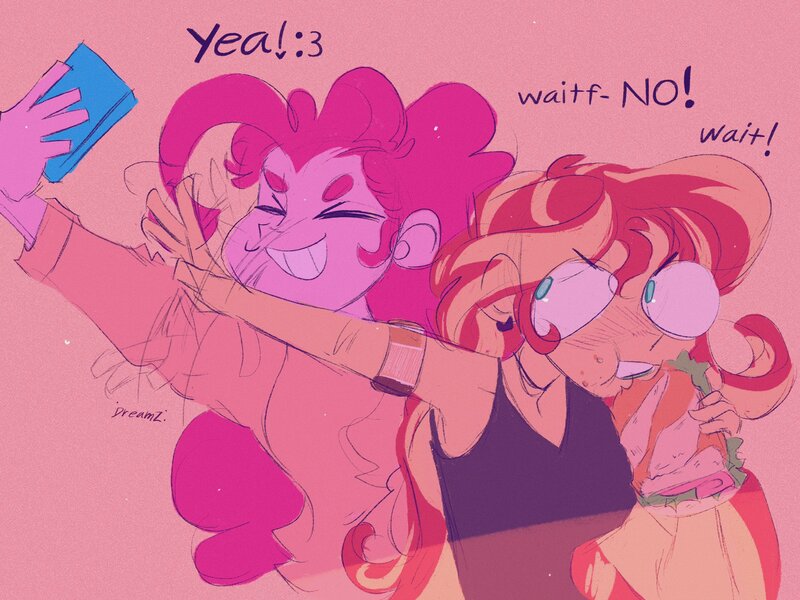 Size: 2048x1536 | Tagged: safe, artist:dreamz, derpibooru import, pinkie pie, sunset shimmer, equestria girls, alternate hairstyle, choker, clothes, duo, ear piercing, earring, eating, eyes closed, female, food, grin, image, jewelry, jpeg, lesbian, mobile phone, phone, piercing, pink background, sandwich, selfie, shipping, shirt, simple background, smartphone, smiling, sunsetpie, tanktop