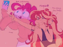 Size: 2048x1536 | Tagged: safe, artist:dreamz, derpibooru import, pinkie pie, sunset shimmer, equestria girls, alternate hairstyle, armpits, bitch, choker, clothes, crumbs, duo, ear piercing, earring, eyes closed, female, image, jewelry, jpeg, lesbian, mobile phone, open mouth, phone, piercing, pink background, ring, selfie, shipping, shirt, simple background, smartphone, sunsetpie, tanktop, vulgar