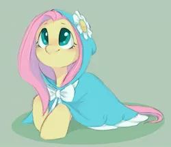 Size: 1051x902 | Tagged: safe, artist:melodylibris, derpibooru import, fluttershy, pegasus, pony, bow, clothes, cute, daaaaaaaaaaaw, female, flower, green background, hoodie, image, jpeg, looking up, lying down, mare, prone, shyabetes, simple background, smiling, sweet dreams fuel