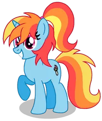 Size: 690x817 | Tagged: safe, artist:madlilon2051, derpibooru import, edit, editor:pagiepoppie12345, oc, oc:artie brush, unofficial characters only, pony, unicorn, female, horn, image, looking at you, mare, multicolored hair, paint, paintbrush, png, ponytail, rainbow hair, raised hoof, simple background, smiling, transparent background