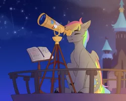 Size: 4000x3200 | Tagged: safe, artist:chamommille, derpibooru import, oc, oc:dark rainbow, unofficial characters only, pegasus, pony, astronomy, book, castle, commission, constellation, cutie mark, eyes closed, folded wings, image, male, night, pegasus oc, png, sitting, solo, stallion, stars, telescope, wings, working, ych result