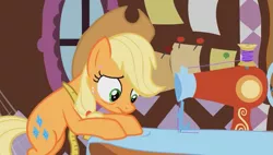 Size: 667x380 | Tagged: safe, derpibooru import, screencap, applejack, earth pony, pony, magical mystery cure, season 3, a true true friend, applejack's hat, bipedal, bipedal leaning, carousel boutique, cowboy hat, fabric, female, hat, image, leaning, mare, measuring tape, png, sewing, sewing machine, swapped cutie marks, youtube link