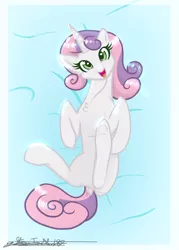 Size: 1682x2352 | Tagged: safe, artist:stacey lightning dash, derpibooru import, sweetie belle, pony, unicorn, female, happy, image, looking at you, lying down, mare, older, older sweetie belle, png, smiling, smiling at you, solo