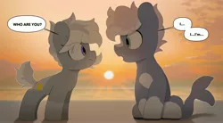 Size: 3900x2150 | Tagged: safe, artist:mochi_nation, derpibooru import, oc, oc:silver bolt, oc:water socks, earth pony, pony, beach, blushing, coat markings, dialogue, duo, female, image, jpeg, looking at each other, looking at someone, male, mare, sitting, socks (coat marking), stallion, sunset