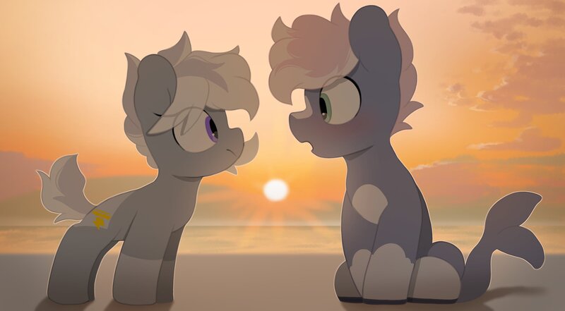 Size: 3900x2150 | Tagged: safe, alternate version, artist:mochi_nation, derpibooru import, oc, oc:silver bolt, oc:water socks, earth pony, pony, beach, blushing, coat markings, duo, female, image, jpeg, looking at each other, looking at someone, male, mare, sitting, socks (coat marking), stallion, sunset