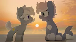 Size: 3900x2150 | Tagged: safe, alternate version, artist:mochi_nation, derpibooru import, oc, oc:silver bolt, oc:water socks, earth pony, pony, beach, blushing, coat markings, duo, female, image, jpeg, looking at each other, looking at someone, male, mare, sitting, socks (coat marking), stallion, sunset