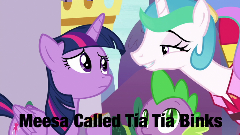 Size: 1280x720 | Tagged: safe, derpibooru import, edit, edited screencap, screencap, princess celestia, spike, twilight sparkle, alicorn, dragon, pony, between dark and dawn, season 9, spoiler:s09, alternate hairstyle, bedroom eyes, clothes, eyelashes, female, grin, image, jar jar binks, jpeg, male, mare, meme, shirt, smiling, star wars, star wars: the phantom menace