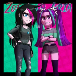 Size: 1280x1280 | Tagged: safe, artist:zoe-975, derpibooru import, aria blaze, oc, oc:zoe star pink, equestria girls, badass, clothes, duo, duo female, female, goth, hair over one eye, image, jewelry, jpeg, makeup, necklace, pants, shorts