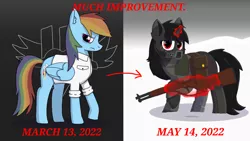 Size: 1920x1080 | Tagged: grimdark, artist:suidian, derpibooru import, rainbow dash, oc, hybrid, pegasus, pony, unicorn, zony, fallout equestria, fanfic:rainbow factory, amputee, clothes, comparison, fanfic art, gun, image, improvement, lab coat, magic, png, prosthetic leg, prosthetic limb, prosthetics, telekinesis, weapon