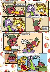 Size: 1241x1776 | Tagged: safe, artist:tmntfan85, derpibooru import, applejack, spike, oc, oc:apple scorch, anthro, dracony, dragon, hybrid, applespike, comic, dialogue, family, female, image, interspecies offspring, male, offspring, parent:applejack, parent:spike, parents:applespike, png, shipping, straight
