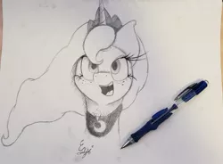 Size: 1518x1120 | Tagged: safe, artist:engi, derpibooru import, princess luna, alicorn, crown, female, happy, image, jewelry, jpeg, looking at you, open mouth, pencil drawing, photo, regalia, simple background, solo, solo female, traditional art
