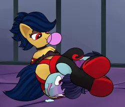 Size: 2236x1922 | Tagged: safe, artist:einboph, derpibooru import, oc, oc:soft step, unofficial characters only, pony, clothes, female, femdom, goth, headscissors, image, male, mare, panties, panty shot, png, skirt, socks, sports, stallion, stockings, thigh highs, unconscious, underwear, wrestling