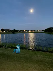 Size: 3024x4032 | Tagged: safe, derpibooru import, medley brook, kelpie, augmented reality, full moon, gameloft, image, jpeg, lake, moon