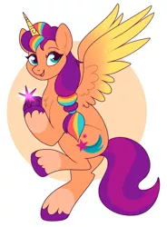 Size: 1031x1400 | Tagged: safe, artist:lulubell, derpibooru import, sunny starscout, alicorn, pony, my little pony: a new generation, colored wings, female, g5, gem, happy, image, mare, multicolored wings, open mouth, open smile, png, race swap, smiling, solo, sunnycorn, underhoof, unshorn fetlocks, wings