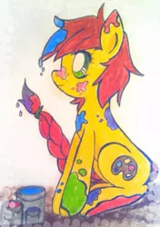 Size: 585x829 | Tagged: safe, artist:cryptidkitty, derpibooru import, oc, oc:paint pallet, unofficial characters only, earth pony, pony, female, image, jpeg, mare, paint, paint can, pencil drawing, requested art, sitting, smiling, traditional art