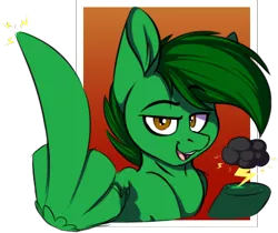 Size: 390x327 | Tagged: safe, artist:notetaker, derpibooru import, oc, oc:thundercloud, unofficial characters only, pegasus, pony, cloud, derpibooru exclusive, electricity, image, middle feather, middle finger, png, simple background, small resolution, solo, vulgar, wing hands, wings