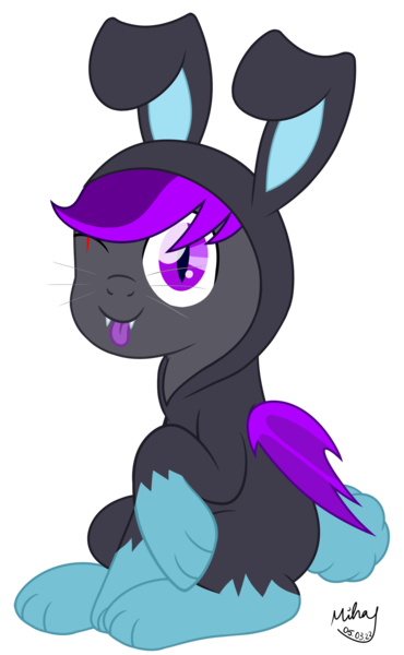 Size: 1632x2650 | Tagged: safe, artist:mihay, derpibooru import, oc, oc:moonlight thunder, bat pony, :p, bunny suit, clothes, commission, costume, dangerous mission outfit, easter, goggles, holiday, hoodie, image, looking at you, male, one eye closed, png, raised hoof, simple background, sitting, solo, tongue out, transparent background, wink, winking at you, ych result