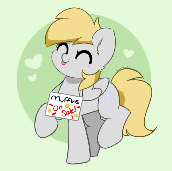 Size: 4170x4146 | Tagged: safe, artist:kittyrosie, derpibooru import, derpy hooves, pegasus, pony, :p, cute, derpabetes, eyes closed, food, heart, image, muffin, png, sign, solo, that pony sure does love muffins, tongue out