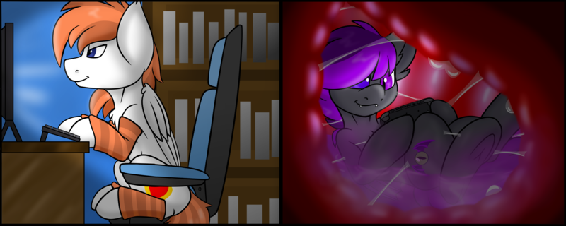 Size: 7500x3000 | Tagged: questionable, artist:noblebrony317, derpibooru import, oc, oc:milkyway mihay, oc:moonlight thunder, bat pony, pegasus, bat pony oc, bat wings, bookshelf, chair, clothes, commission, computer, endosoma, father and child, father and son, gaming chair, image, keyboard, leg warmers, male, male pred, male prey, non-fatal vore, pegasus oc, playing video games, png, sitting, steam deck, stomach, stomach acid, stomach walls, table, vore, wings