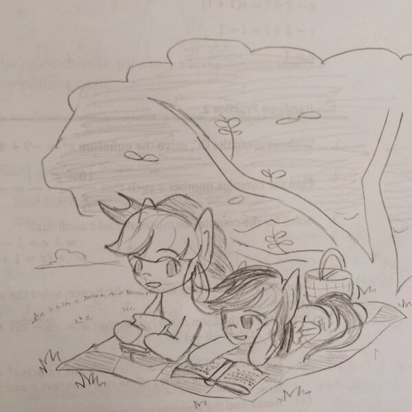 Size: 640x640 | Tagged: safe, artist:snowzaaah, derpibooru import, applejack, rainbow dash, earth pony, pegasus, pony, appledash, appledashdailydoodles, doodle, female, image, jpeg, lesbian, monochrome, pencil drawing, shipping, sketch, traditional art