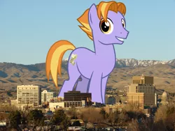 Size: 1632x1224 | Tagged: safe, artist:cheezedoodle96, artist:thegiantponyfan, derpibooru import, edit, auburn vision, earth pony, pony, boise, friendship student, giant pony, giant/macro earth pony, highrise ponies, idaho, image, irl, jpeg, looking at you, macro, male, mega giant, photo, ponies in real life, smiling, solo, stallion