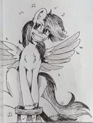 Size: 2801x3687 | Tagged: safe, artist:nightydream, derpibooru import, rainbow dash, pony, image, jpeg, monochrome, scene interpretation, solo, stooldash, traditional art