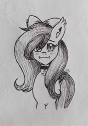 Size: 2607x3698 | Tagged: safe, artist:nightydream, derpibooru import, oc, oc:nighty dream, bat pony, pony, bow, female, hair bow, image, jpeg, mare, monochrome, solo, traditional art