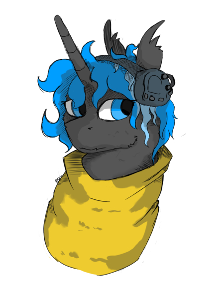 Size: 3456x4608 | Tagged: safe, artist:hrabiadeblacksky, derpibooru import, oc, oc:hrabia de black sky, unofficial characters only, bat pony, hybrid, kirin, unicorn, blue eyes, headsets, image, png, simple background, yellow sweatshirt