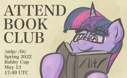 Size: 1738x1080 | Tagged: safe, artist:ashtoneer, derpibooru import, twilight sparkle, pony, unicorn, 4chan cup, beige background, book, female, glasses, image, jpeg, mare, reading, simple background, solo, text
