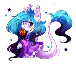 Size: 800x703 | Tagged: safe, artist:ipun, derpibooru import, oc, unofficial characters only, pony, seapony (g4), unicorn, apple, blue mane, blue tail, blushing, clothes, ear fluff, ethereal mane, female, fish tail, flowing mane, flowing tail, food, horn, image, looking at you, lying down, mare, png, seaponified, signature, simple background, smiling, solo, species swap, starry mane, starry tail, tail, transparent background