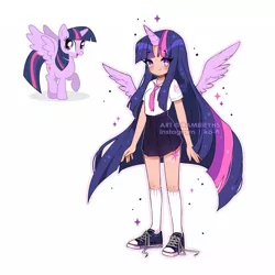 Size: 900x900 | Tagged: safe, artist:bambieyhs, derpibooru import, edit, editor:diameltzowo, twilight sparkle, twilight sparkle (alicorn), alicorn, human, clothes, cute, cutie mark, cutie mark on human, female, horn, horned humanization, humanized, image, kneesocks, light skin, long hair, necktie, pleated skirt, png, shoes, simple background, skirt, sneakers, socks, sparkly eyes, twiabetes, white background, wingding eyes, winged humanization, wings