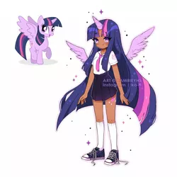 Size: 900x900 | Tagged: safe, alternate version, artist:bambieyhs, color edit, derpibooru import, edit, editor:diameltzowo, twilight sparkle, twilight sparkle (alicorn), alicorn, human, clothes, colored, cute, cutie mark, cutie mark on human, dark skin, female, horn, horned humanization, humanized, image, kneesocks, long hair, necktie, pleated skirt, png, shoes, simple background, skin color edit, skirt, sneakers, socks, solo, sparkly eyes, white background, wingding eyes, winged humanization, wings