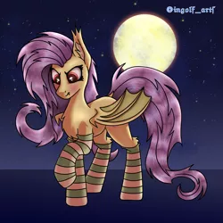 Size: 3375x3375 | Tagged: safe, artist:ingolf arts, derpibooru import, fluttershy, bat pony, pony, bat ponified, chest fluff, clothes, cute, ear fluff, eye reflection, female, flutterbat, full moon, high res, image, looking sideways, mare, moon, night, png, race swap, red eyes, reflection, socks, starry night, stars, striped socks, three quarter view, wings