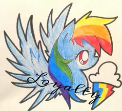 Size: 600x544 | Tagged: safe, artist:cryptidkitty, derpibooru import, rainbow dash, pegasus, pony, cloud, female, image, jpeg, loyalty, mare, multicolored hair, pencil drawing, rainbow, rainbow hair, smiling, spread wings, text, traditional art, wings