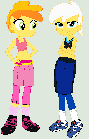 Size: 298x464 | Tagged: safe, artist:matthewjabeznazarioa, derpibooru import, peachy pie, sunny daze, equestria girls, crossover, equestria girls-ified, exeron fighters, image, martial arts kids, martial arts kids outfits, png