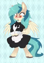 Size: 752x1063 | Tagged: safe, artist:scarlet-spectrum, derpibooru import, oc, oc:peacher, unofficial characters only, pegasus, pony, abstract background, bipedal, blushing, clothes, commission, dress, female, image, jpeg, maid, mare, pegasus oc, solo, spread wings, surprised, wings, ych result